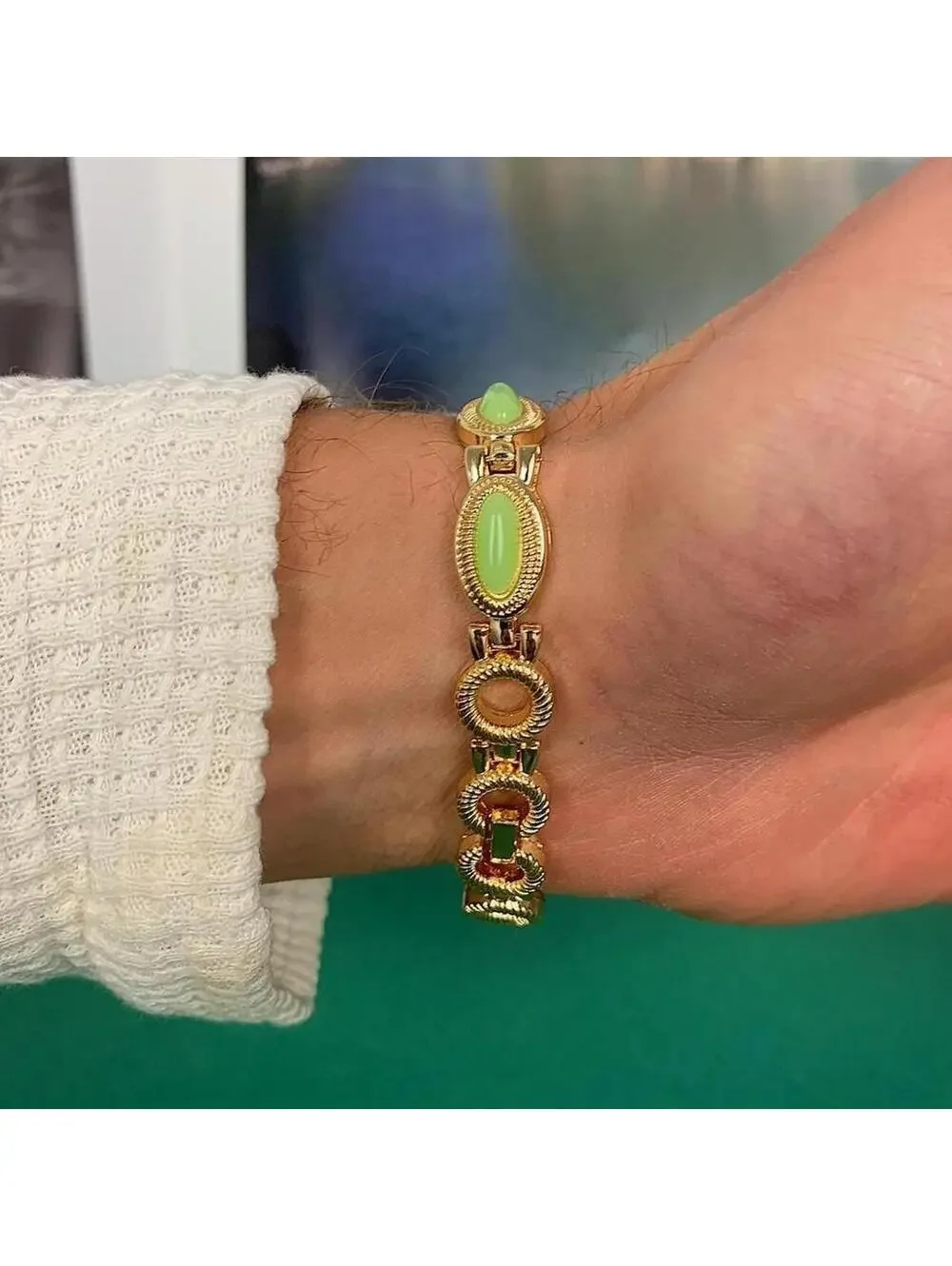 Y2k style Dainty cute Gold style tone quartz watch with lime green jade stone op